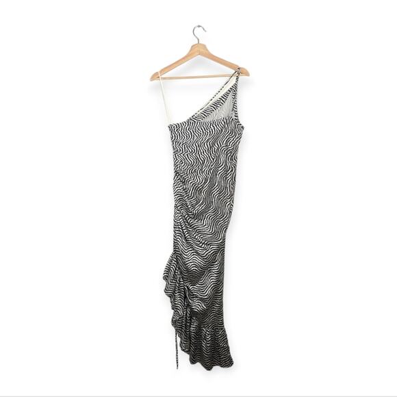 Cinq à Sept Silk Christel Ivory Navy Asymmetrical One Shoulder Dress Size 2 - Picture 2 of 11